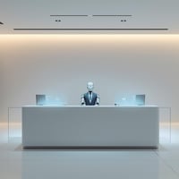 Futuristischer Empfangsbereich in einem modernen Unternehmen. Ein humanoider Roboter im eleganten Business-Outfit sitzt hinter dem Empfangstresen. Roboter wirkt freundlich, seriös, nicht unheimlich. Auf dem Schreibtisch holografische oder Futuristischer Empfangsbereich in einem modernen Unternehmen. Ein humanoider Roboter im eleganten Business-Outfit sitzt hinter dem Empfangstresen. Roboter wirkt freundlich, seriös, nicht unheimlich. Auf dem Schreibtisch holografische oder