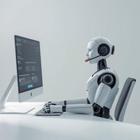 Modernes Support- oder Service-Center. Humanoider Roboter mit Headset sitzt vor einem Monitor und arbeitet als KI-Supportmitarbeiter. Freundlicher, professioneller Gesichtsausdruck, hochauflösende, elegante Robotik ohne dystopische Element