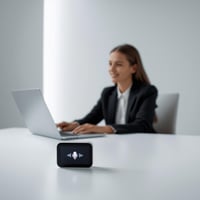 Professionelles Büro, junge Frau oder junger Mann sitzt entspannt an einem Schreibtisch, während im Vordergrund ein Display oder ein kleines Gerät eingehende Anrufe automatisch protokolliert. Auf dem Screen leuchten Voice-Waveforms oder